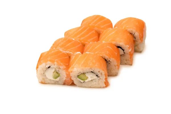 Sushi Krémsajttal Fehér Alapon Izolált Lazaccal — Stock Fotó