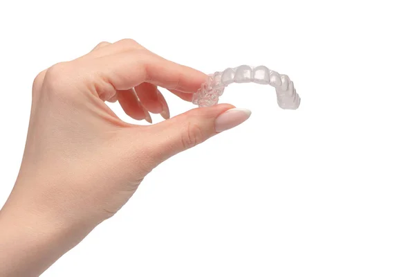 Transparent Mouth Guard Woman Hand Isolated White Background — Stock Photo, Image