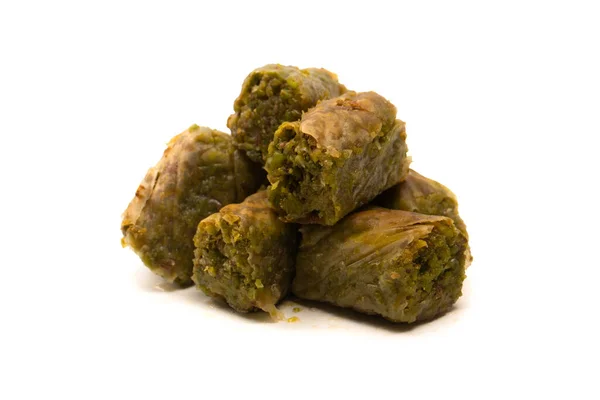 stock image Turkish pistachio baklava isolated on a white background. 