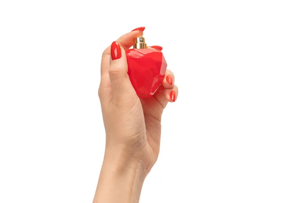 Red Bottle Perfume Woman Hand Red Nails Isolated White Background — Stock Photo, Image