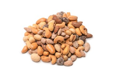 Lezzetli tuzlu fındık karışımı. Bir grup badem, fıstık, ceviz, macadamia, kaju..