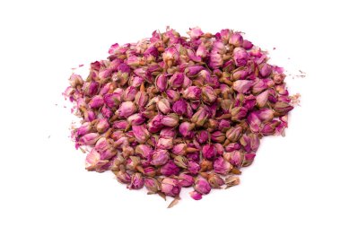 Beyaz arka planda izole edilmiş kuru çay gülleri.. 