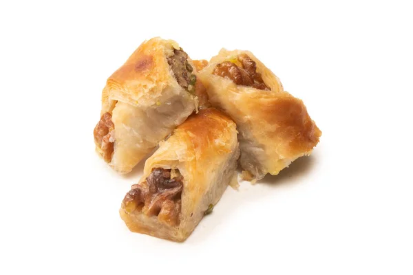 Delicious Sweet Baklava Walnuts Isolated White Background Top View — Stock Photo, Image