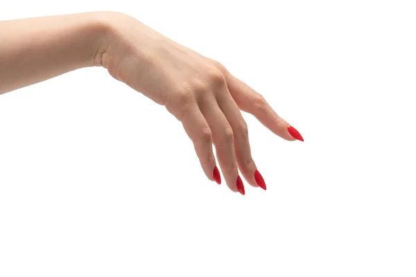 Gros Plan Main Féminine Avec Peau Pâle Ongles Rouges Pointant — Photo