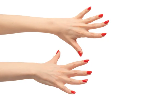 Gros Plan Main Féminine Avec Peau Pâle Ongles Rouges Pointant — Photo