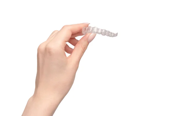 Gennemsigtig Mund Vagt Kvindes Hånd Isoleret Hvid Baggrund - Stock-foto