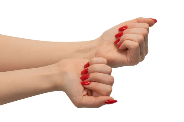 Mãos Mulher Com Unhas Vermelhas Isoladas Fundo Branco Verniz Unhas — Fotografia de Stock