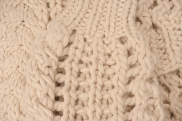 Fragment Beige Knitted Fabric Knitted White Sheep Wool Knitted Background — Stok fotoğraf