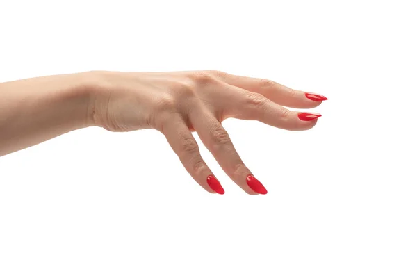 Beyaz Bir Arka Planda Soluk Tenli Kırmızı Tırnaklı Dokunaklı Kadın — Stok fotoğraf