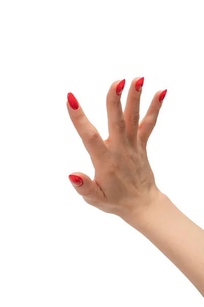 Zbliżenie Żeńskiej Dłoni Bladą Skórą Czerwonymi Paznokciami Wskazującymi Lub Dotykającymi — Zdjęcie stockowe