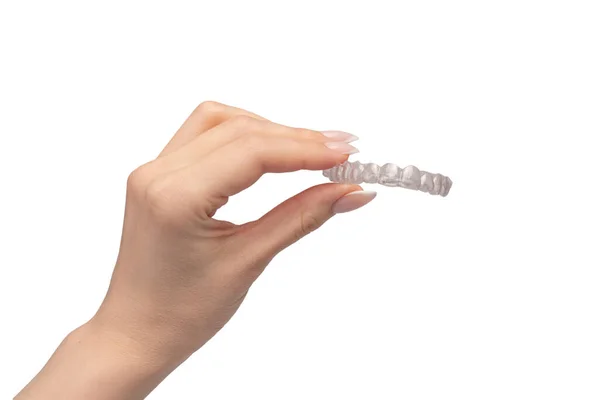 Przezroczysty Ochraniacz Jamy Ustnej Dłoni Kobiety Odizolowany Białym Tle — Zdjęcie stockowe