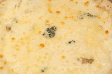 Arka planda dört peynirli pizza. Abur cubur.  