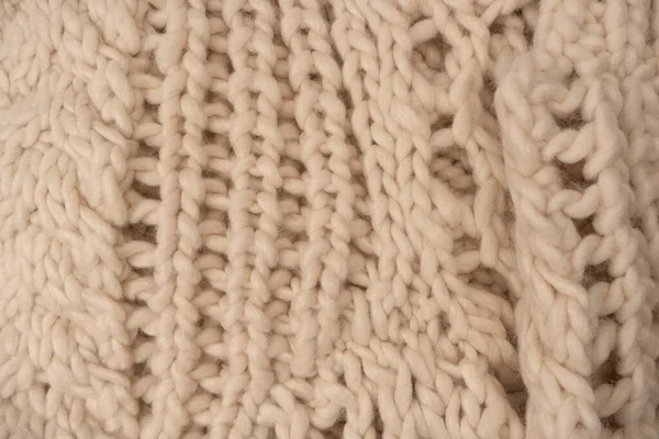 Fragment Beige Knitted Fabric Knitted White Sheep Wool Knitted Background — Stock Photo, Image