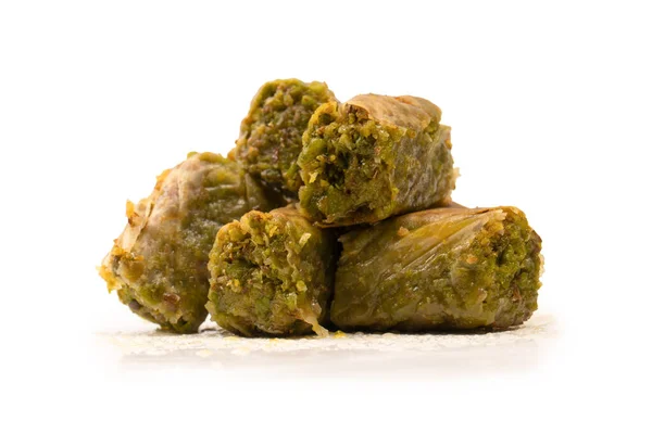 stock image Turkish pistachio baklava isolated on a white background. 