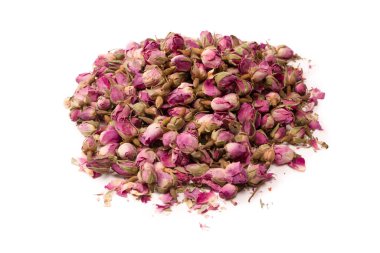 Beyaz arka planda izole edilmiş kuru çay gülleri.. 