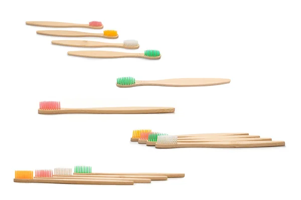 Bambu Tandborste Isolerad Vit Bakgrund Ovanifrån — Stockfoto