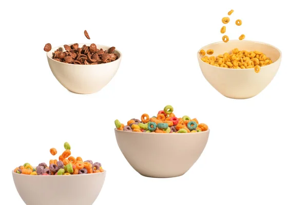 Caixa Cereais Colorida Para Pequeno Almoço Matinal Flocos Milho Caindo — Fotografia de Stock