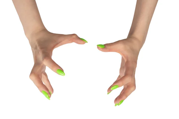 緑色の鼻を持つ女性の手は 白い背景に隔離されたいくつかの小さなまたは薄いオブジェクトを保持します — ストック写真