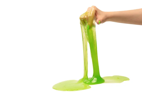 Zelená Sliz Hračka Ruce Žena Zelenými Nehty Izolované Bílém Pozadí — Stock fotografie