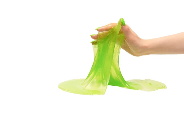 Brinquedo Lodo Verde Mão Mulher Com Unhas Verdes Isoladas Fundo — Fotografia de Stock