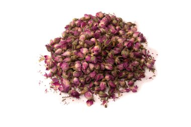 Beyaz arka planda izole edilmiş kuru çay gülleri.. 