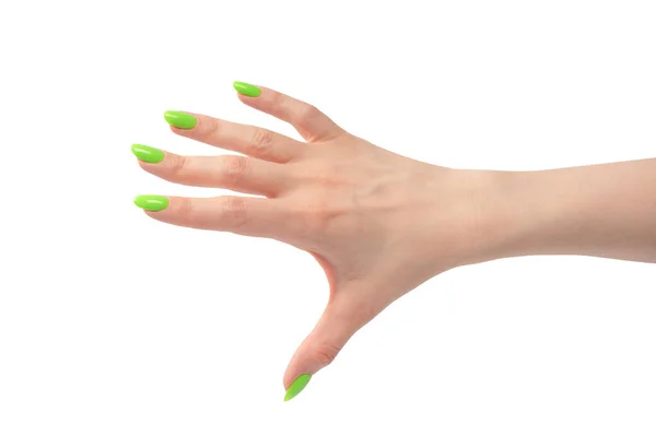 Hand Woman Green Naols Hold Some Tiny Thin Object Isolated — Stock Photo, Image