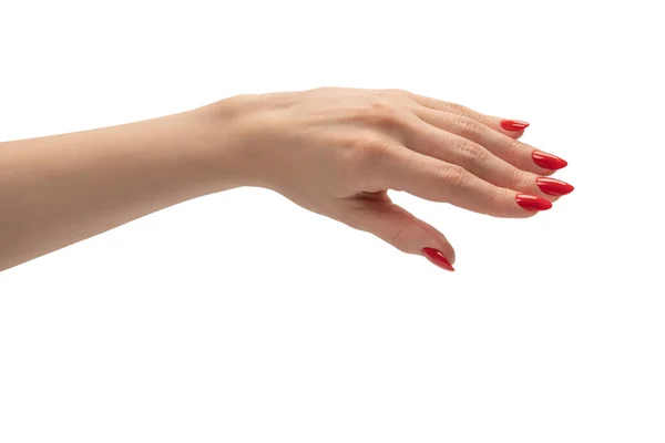 Closeup Female Hand Pale Skin Red Nails Pointing Touching Isolated — Stock Photo, Image