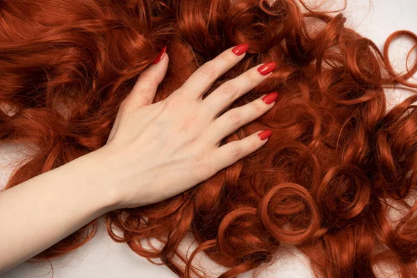 Red curly hair in woman hands with red nails. Top0 view.