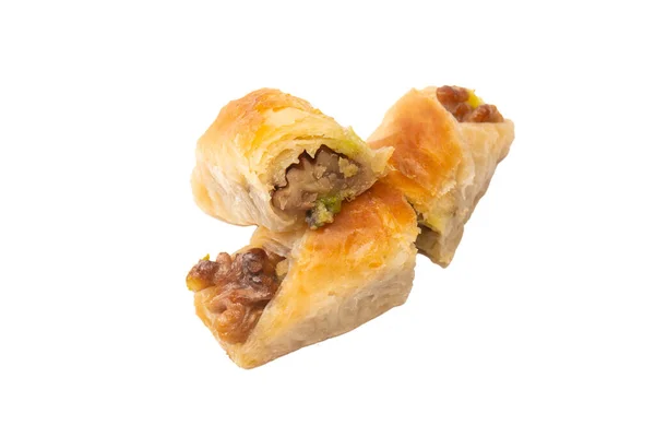 stock image Delicious sweet baklava with walnuts isolated on white background. Top view.