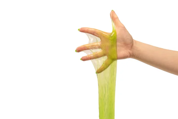 Groen Slijm Speelgoed Vrouw Hand Met Groene Nagels Geïsoleerd Een — Stockfoto