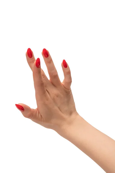 Közelkép Női Kéz Sápadt Bőr Piros Körmök Mutató Vagy Megható — Stock Fotó
