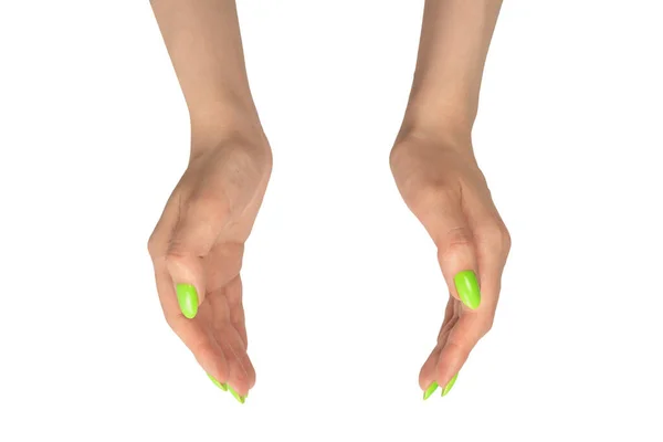 Hand Woman Green Naols Hold Some Tiny Thin Object Isolated — Stock Photo, Image