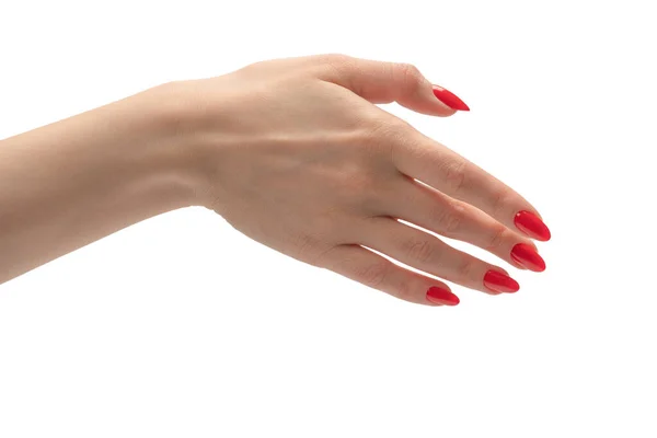 Fechar Mão Feminina Com Pele Pálida Unhas Vermelhas Apontando Tocando — Fotografia de Stock