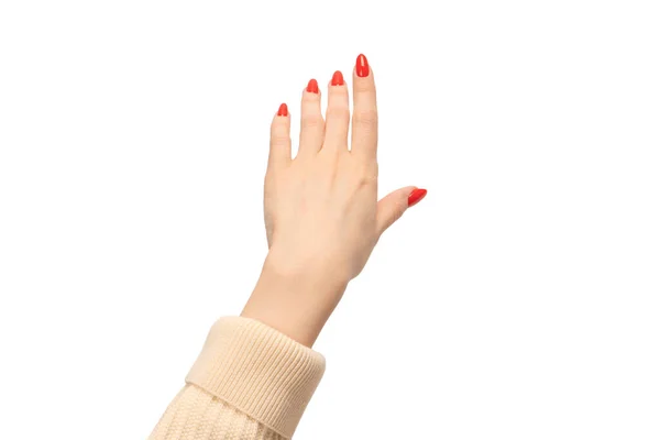 Kobieta Ręka Czerwonymi Paznokciami Trzyma Coś Odizolowany Białym Tle — Zdjęcie stockowe