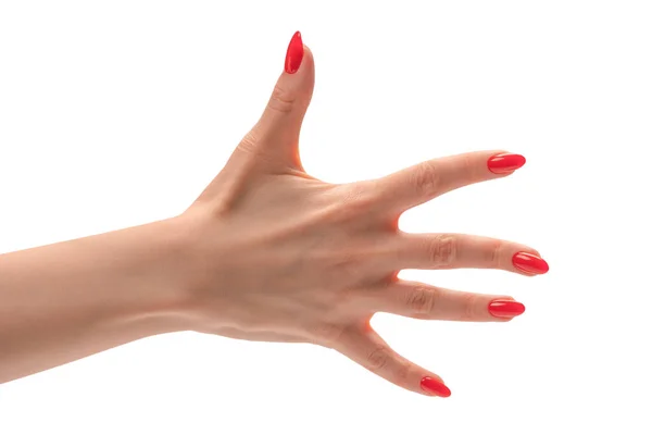 Closeup Female Hand Pale Skin Red Nails Pointing Touching Isolated — Stock Photo, Image