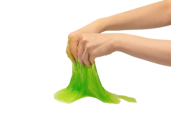 Zielony Szlam Zabawka Ręce Kobiety Zielonymi Paznokciami Izolowane Białym Tle — Zdjęcie stockowe