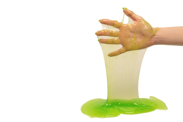 Зелений Слиз Іграшка Руці Жінки Зеленими Цвяхами Ізольовані Білому Тлі — стокове фото
