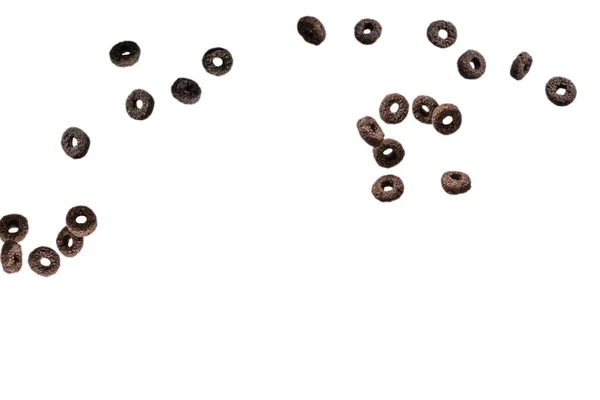 Chocolade Ringen Cornflakes Morsen Een Kom Ontbijt Geïsoleerd Een Witte — Stockfoto