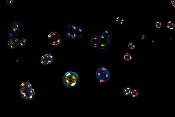 Мильні Бульбашки Ізольовані Чорному Тлі Копіювати Простір — стокове фото