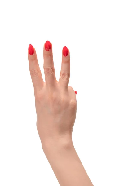 Κοντινό Πλάνο Του Γυναικείου Χεριού Ανοιχτόχρωμο Δέρμα Και Κόκκινα Νύχια — Φωτογραφία Αρχείου