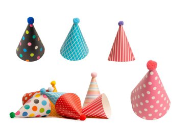 A group of bright and colorful birthday caps isolated on a white background. Holidays cocept. 