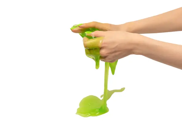 Juguete Limo Verde Mano Mujer Con Uñas Verdes Aisladas Sobre — Foto de Stock