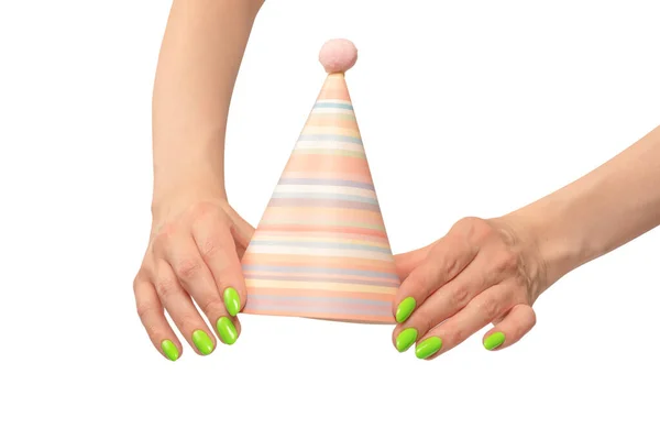 Bunte Geburtstagskappe Frauenhand Isoliert Auf Weißem Hintergrund — Stockfoto