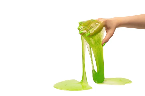 Green Slime Toy Woman Hand Green Nails Isolated White Background — Stock Photo, Image
