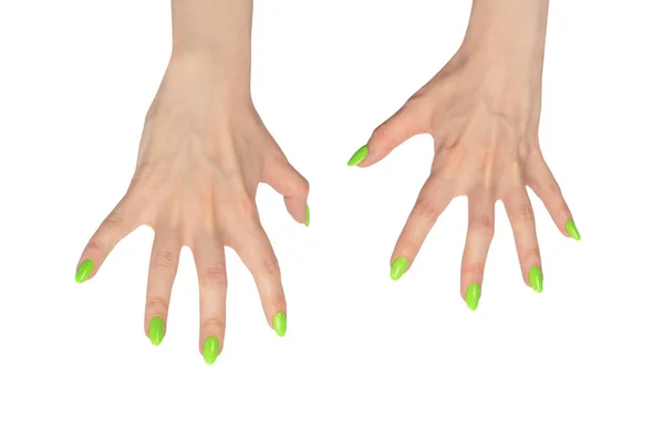 Hand Van Een Vrouw Met Groene Naolen Houden Een Klein — Stockfoto