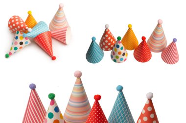 A group of bright and colorful birthday caps isolated on a white background. Holidays cocept. 