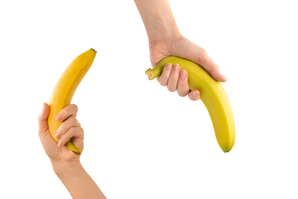 Egy Csomó Banán Egy Kezében Elszigetelve Egy Fehér Háttér — Stock Fotó