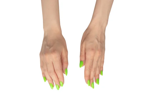 Hand Kvinna Med Gröna Naoler Hålla Några Små Eller Tunna — Stockfoto