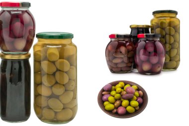 Beyaz arka planda izole edilmiş bir şişede zeytin. 