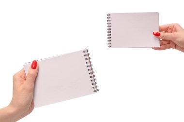 Kırmızı tırnaklı kadınların elinde boş beyaz kağıt olan bir defter. Boşluğu kopyala. 